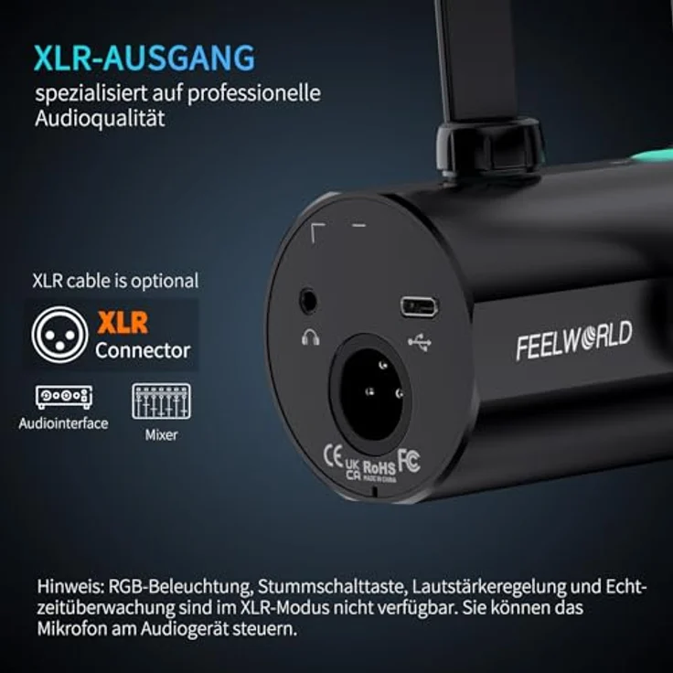 FEELWORLD PM1, Dynamisches Mikrofon für Podcast & Gaming, XLR/USB, RGB-Beleuchtung, Stummschaltung, Nierenpolar-Muster – Bild 3