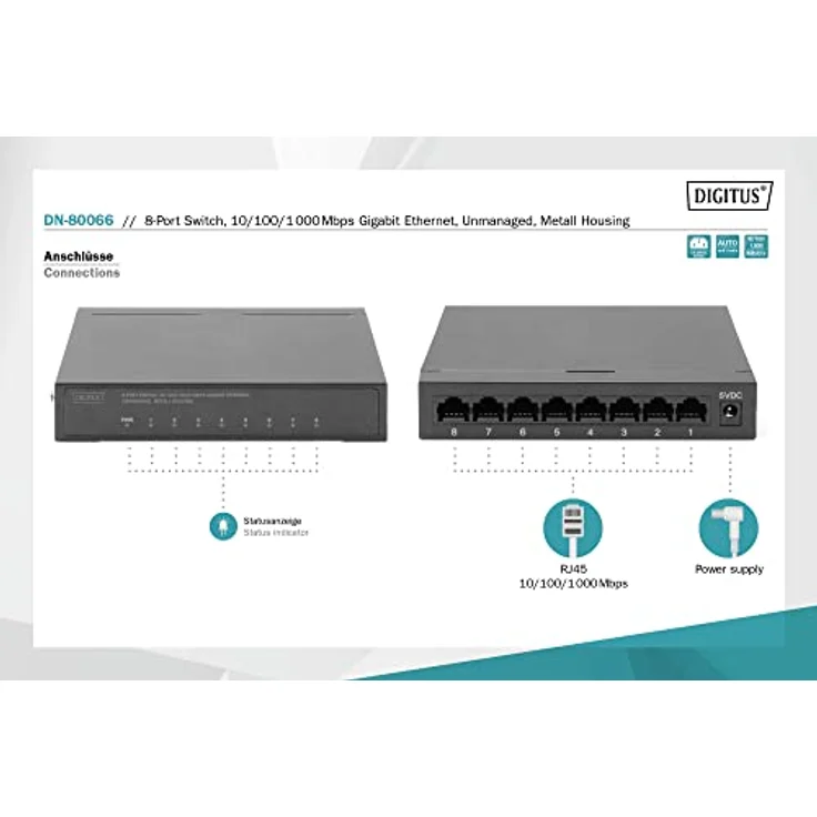 DIGITUS 8-Port Gigabit Switch, Desktop, Unmanaged, Metallgehäuse, 8 Port RJ 45 FE Switch 8 x 10/100 Mbit/s – Bild 2