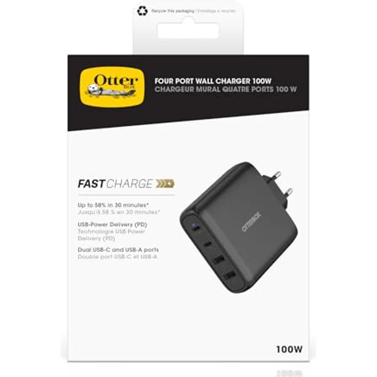 OtterBox Standard EU 100W USB-C PD GaN 4 Port Ladegerät, x2 USB-C PD Ports + x2 USB-A Ports, Schnelllade Gerät für Smartphone und Tablets, Sturzgeschützt und Robust, Schwarz – Bild 4
