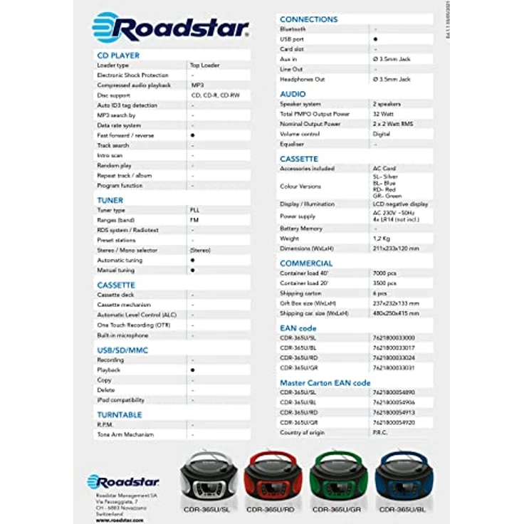 Roadstar CDR-365U/SL, tragbares FM-Radio mit PLL-Tuner, schwarz-silber, unterstützt CD, CD-R und CD-RW, 3,5 mm Kopfhöreranschluss – Bild 3
