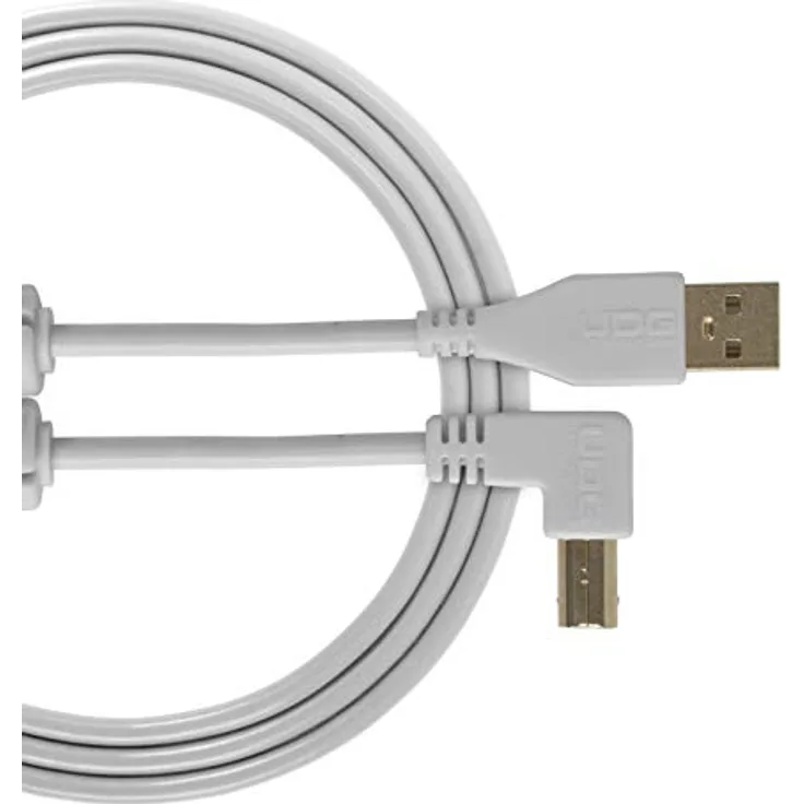 UDG Kabel USB 2.0 (A-B) abgewinkelt, weiß, 3 m – Audio optimiertes Ultimate Audiokabel für DJs und Produzenten, um ihre Leistung zu maximieren.