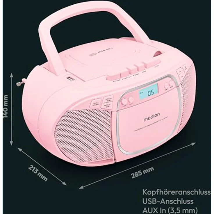 Medion® E66476 (MD44176) rosa Radio, AM-/FM-Tuner mit RDS, 4 W Stereo, tragbar, AUX-Eingang, CD-/Kassettenplayer – Bild 7