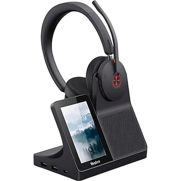 Yealink WH68 Workstation, Kabelloses On-Ear Stereo Headset mit 4-Zoll Touchscreen, DECT & Bluetooth, große Reichweite bis 150 m