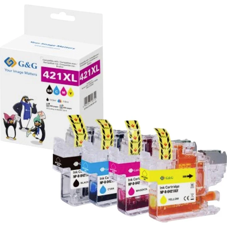 G&G Tinte Kombi-Pack GP-B421XLBKCMY-4P, kompatibel mit Brother LC421XLVAL, 4 farbige Tintenpatronen (Schwarz, Cyan, Magenta, Gelb) mit präziser Chip-Technologie