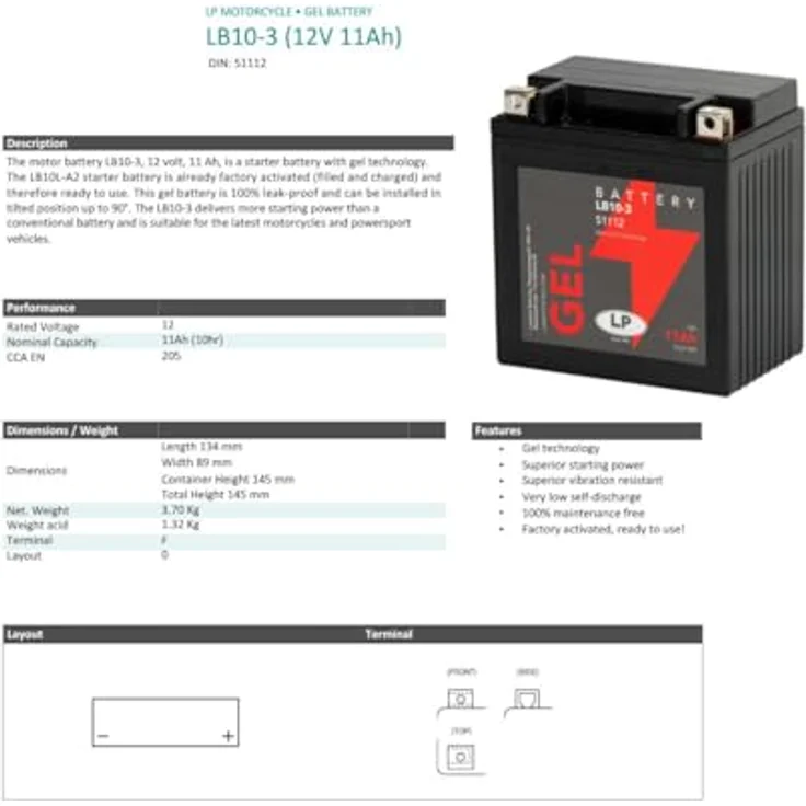 Landport LB10-3, 12V 11Ah Gel Startbatterie für Motorräder, wartungsfrei, hohe Kaltstartleistung, 205 A CCA – Bild 6