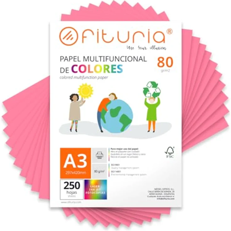 OFITURIA Buntes Papier, 250 Blatt A3 80g, farbiges Papier für Basteln und Drucker, rosa – Bild 1