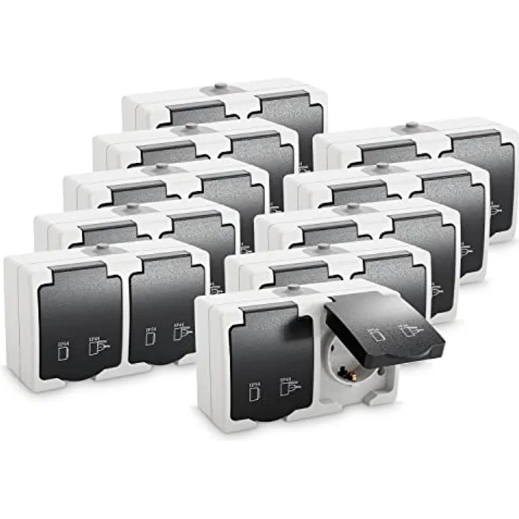 greate 10x Feuchtraum Steckdose Aufputz 2fach grau - IP44, 250V, 16A, 2 polig - für Aussenbereich, spritzwassergeschützt