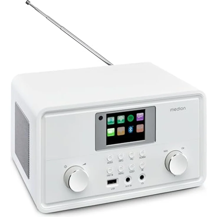 MEDION P85027 Internetradio (DAB Plus, UKW Radio, Spotify Connect, WLAN, Bluetooth, Streaming, Equalizer, Farbdisplay, USB, AUX, Wecker, Schlummerfunktion, Sleep Timer) weiß – Bild 4