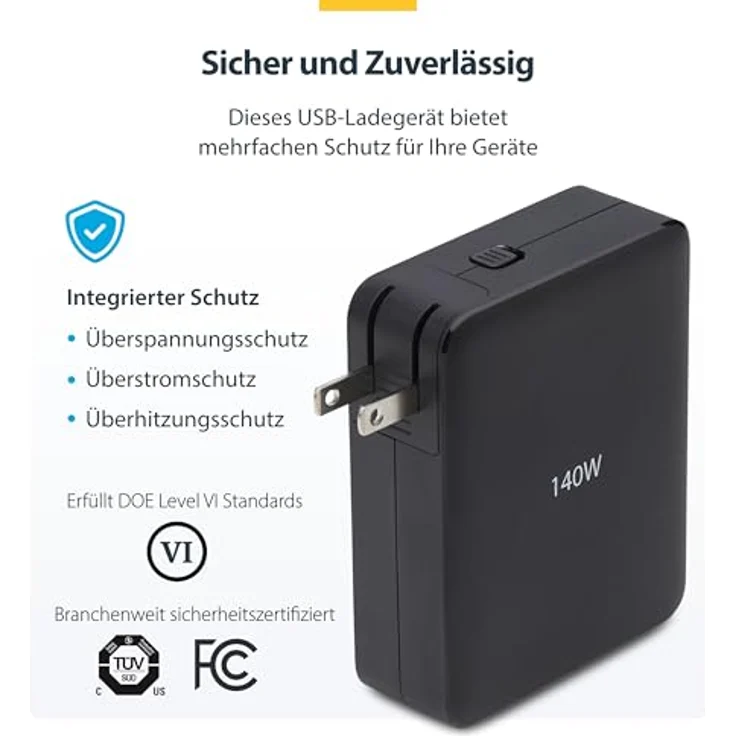 StarTech 3114GCU-WALL-CHARGER, USB-C Ladegerät mit 3 Anschlüssen, 140 W, 28 V, kompakt, Schwarz – Bild 8