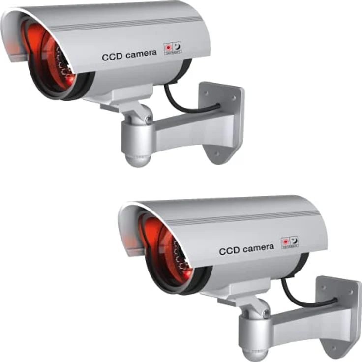 BASI 2er Set Kamera-Attrappe mit blinkendem LED-Licht, Silber, für Innen- und Außenbereich, CCTV, Wandhalterung, drahtlos, 2 Stück – Bild 1
