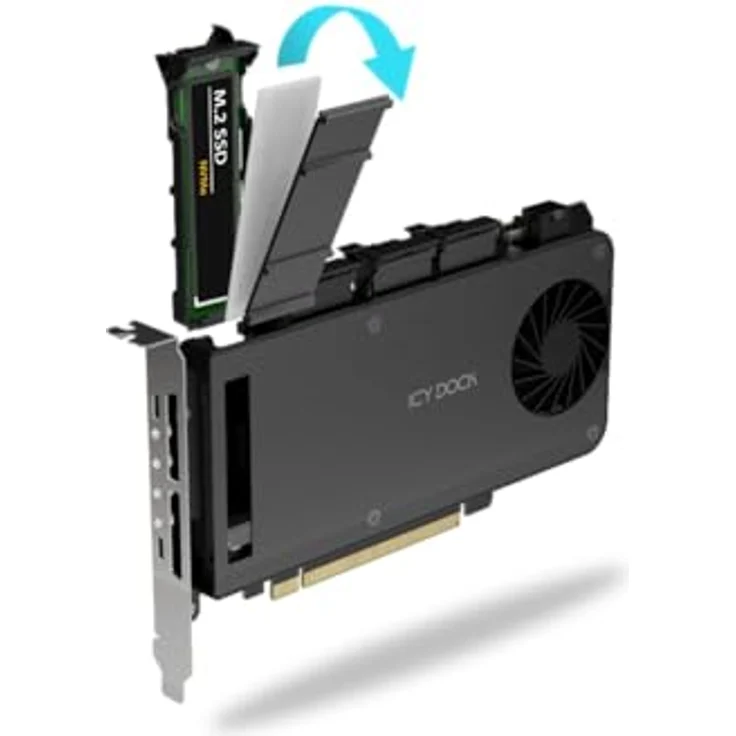 ICY DOCK 4-Bay M.2 NVMe SSD zu PCIe 5.0 x16 Wechselrahmen-Gehäuse/Adapterkarte für PCIe Erweiterungsslot (PCIe Bifurcation nötig) - ExpressSlot Slide MB204MP-B, 4x M.2 PCIe NVMe SSD Aufnahme, werkzeuglose Installation, Lüfter mit Ein/Aus-Schalter, ICY DOCK. – Bild 3