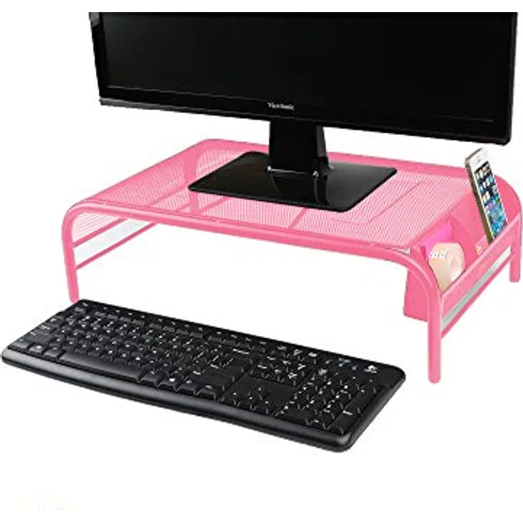 Mind Reader MESHM-PNK Metal Mesh Monitor Stand and Desk Organizer with Side Compartment, Pink