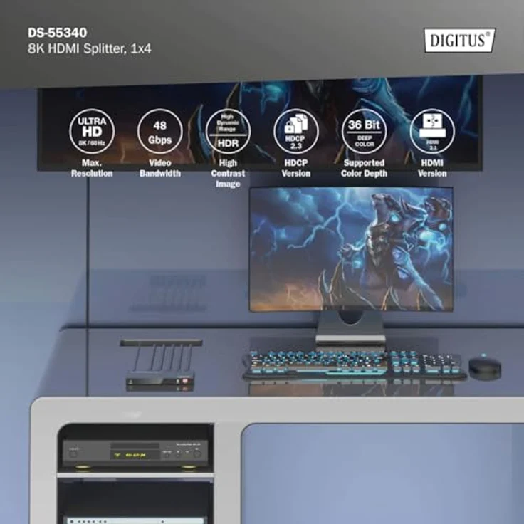 DIGITUS DS-55340 HDMI Splitter 1x4 – UHD 8K/60 Hz HDTV – Toslink, Stereo (3,5 mm) – Schwarz – Bild 4