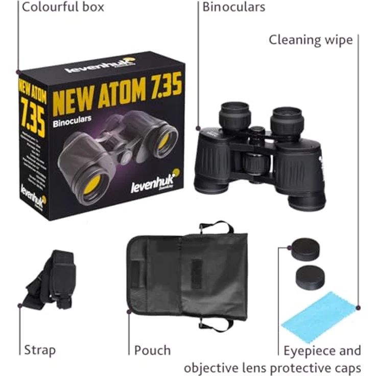 Levenhuk New Atom 7x35 Fernglas, 7-fache Vergrößerung, 35mm Objektivöffnung, spritzwassergeschützt, gummiertes Gehäuse – Bild 2