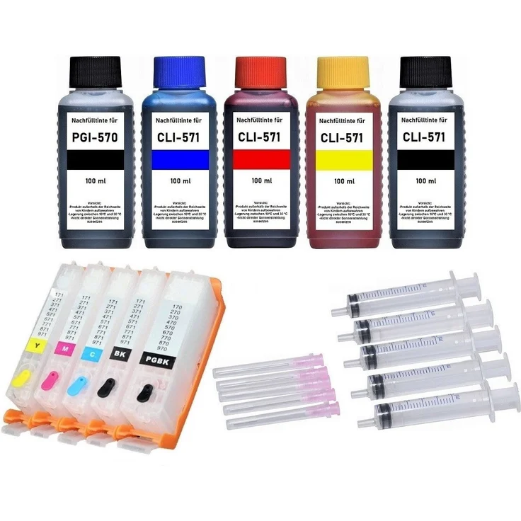 inkpro 5 nachfüllbare Druckerpatronen PGI-570 & CLI-571 mit 500 ml Premium-Nachfülltinte, schwarz, cyan, magenta, gelb, für Canon Pixma MG5750, MG6850, TS6050, inkl. Zubehör und Anleitung