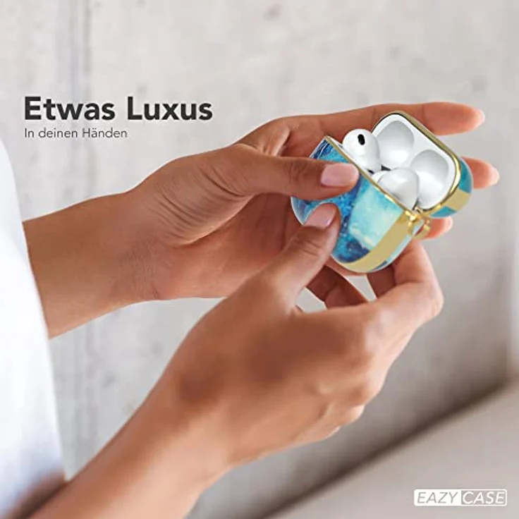 EAZY CASE Schutzhülle für AirPods Pro 2 Hülle Blau - Stoßfest mit Karabiner - Antikratz Etui - Rutschfest - Hardcase für Airpod Pro 2. Generation in Hellblau Marmor – Bild 3