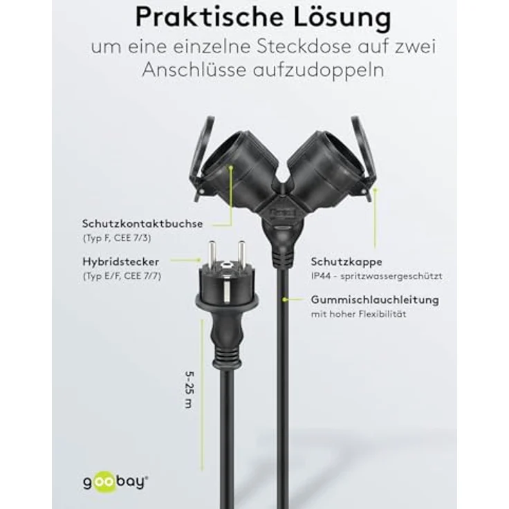 goobay 65435 Outdoor Doppel-Verlängerungskabel, 2 Schuko-Steckdosen mit Schutzklappen (IP44), 10m, 3680 W bei 250 V (AC), 16 A – Bild 5