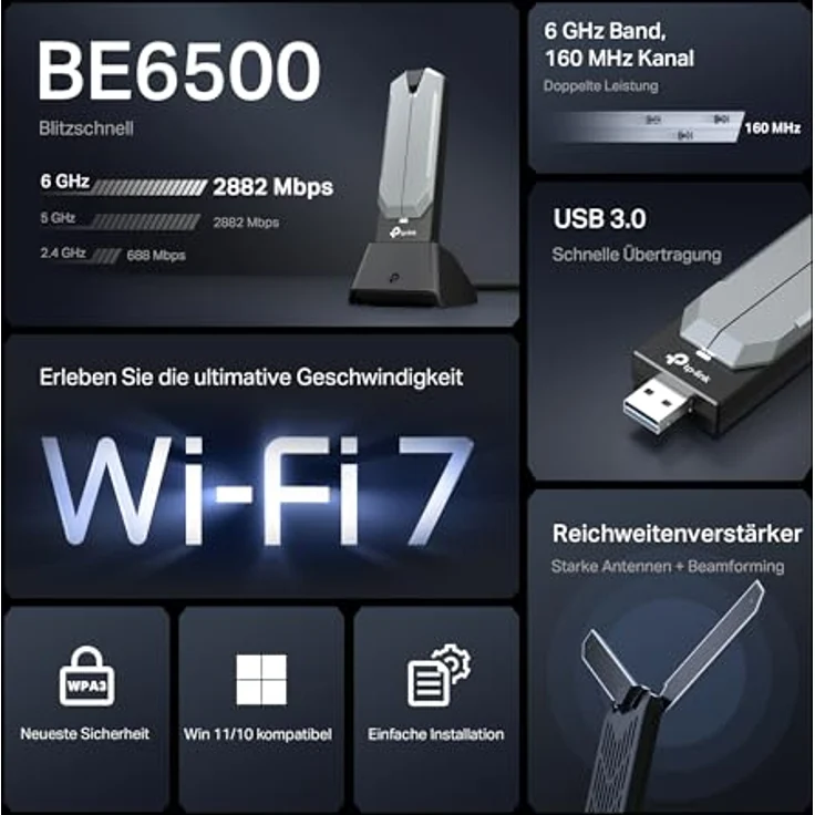 TP-Link Archer TBE400UH Wi-Fi 7 WLAN Stick für PC, BE6500 Tri-Band USB WLAN Adapter mit Hochleistungsantenne, MU-MIMO, WPA3, USB 3.0, nur Kompatibel mit Windows 10/11 – Bild 4