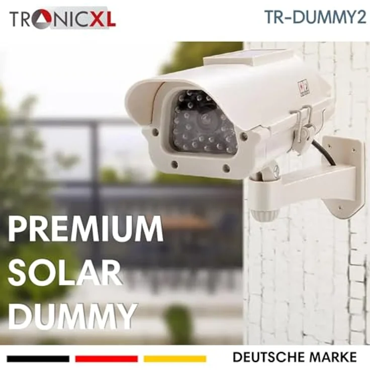 TronicXL 2 Stück Profi Solar Dummy Kamera Überwachungskamera Attrappe für Innen und Außen mit Blinkender IR LED, Hellgrau-Beiger Ton – Bild 3