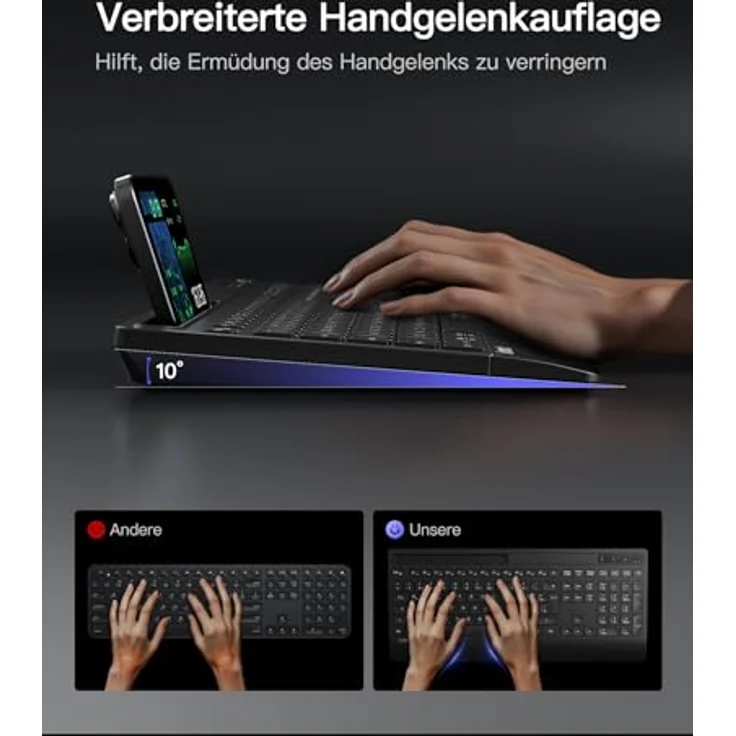 Inateck KB06006, Kabelloses Tastatur Maus Set mit Handballenauflage, QWERTZ, 3 Bluetooth-Kanälen, Geräuschlos, für Mac, Windows, Laptop und PC – Bild 2