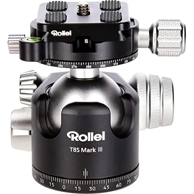 Rollei T8S Markt II professioneller 360 Grad Kamera Stativ Kugelkopf mit Friktion, 22KG Tragkraft, Skalierung f. Panorama Aufnahmen und 2 Wasserwaagen.Inkl. Acra Swiss kompatibler Schnellwechselplatte – Bild 1