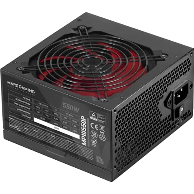 Mars Gaming MPIII550P, ATX PC-Netzteil 550W mit 85% Effizienz, digitalem APFC, 120mm FDB-Lüfter, 5 Jahre Garantie, extra lange Flachkabel, Schwarz