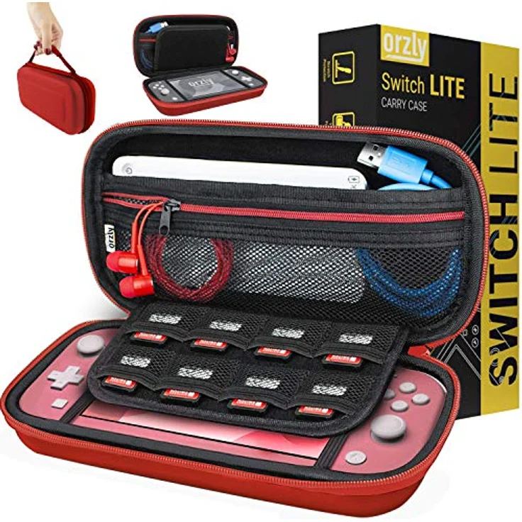 Orzly Tragetasche für Nintendo Switch Lite (2019), Hartschalen Case mit Platz für Konsole und Zubehör, rot – Bild 1