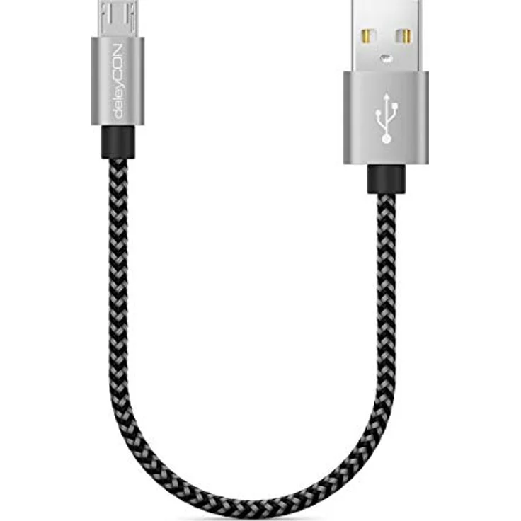 deleyCON 0,15m Nylon Micro USB Kabel, Ladekabel & Datenkabel mit robusten Metallsteckern, schwarz, bis 2,1A Ladegeschwindigkeit, kompatibel mit Handy, Smartphone, Tablet – Bild 3