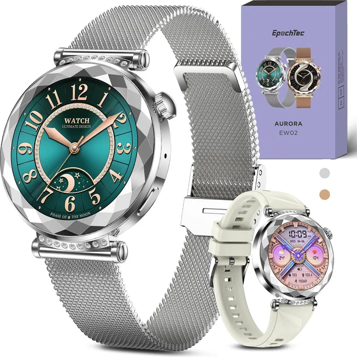 EpochTec Elegante Damen Smartwatch, 1,19" AMOLED Touchscreen, Bluetooth Telefonie, Fitness-Tracking, Schlafmonitor, SpO2, 100+ Sportmodi, wasserresistent IP67, TPU-Armband