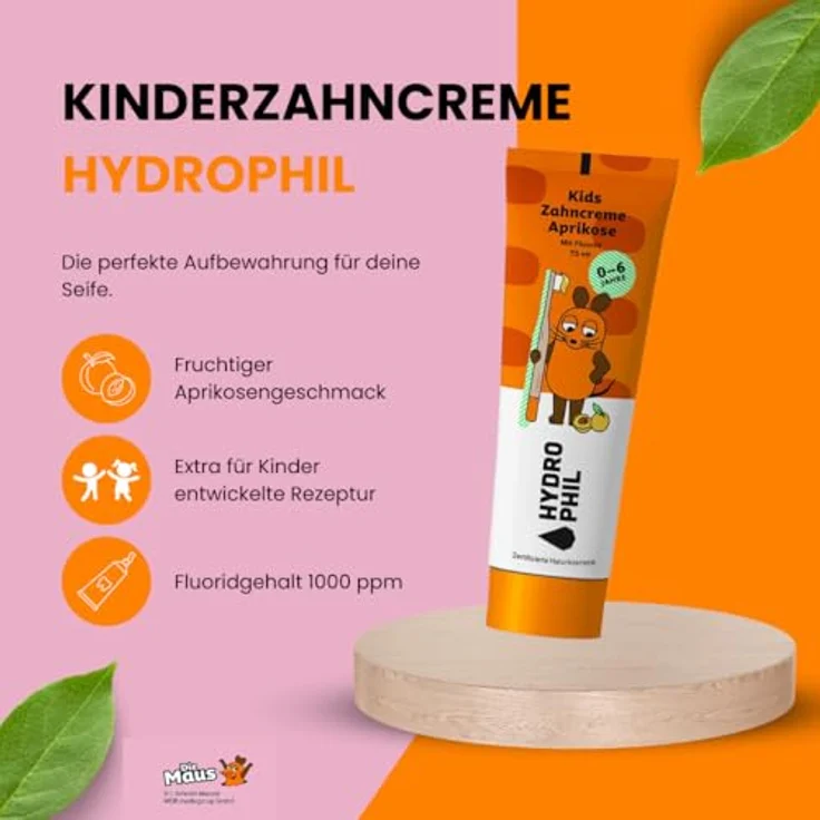 Hydrophil Zahncreme für Kinder - Die Maus, Aprikosen Geschmack, Naturkosmetik, mit Fluorid, für 0-6 Jahre, Made in Germany – Bild 3