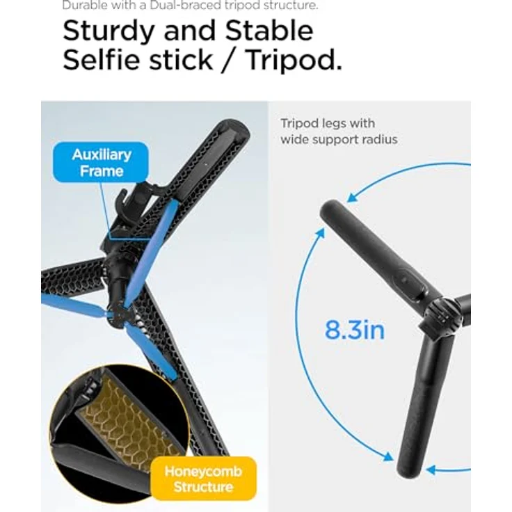 Spigen S560W, Bluetooth Selfie Stick Tripod mit 190° beweglichem Kopf, 360° drehbarem Griff, Schwarz – Bild 6