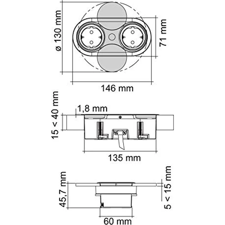 SO-TECH® Einbau Tischsteckdose mit Kabel und Stecker, oval, Doppelsteckdose, Push-to-open-Deckel, schwarz – Bild 4
