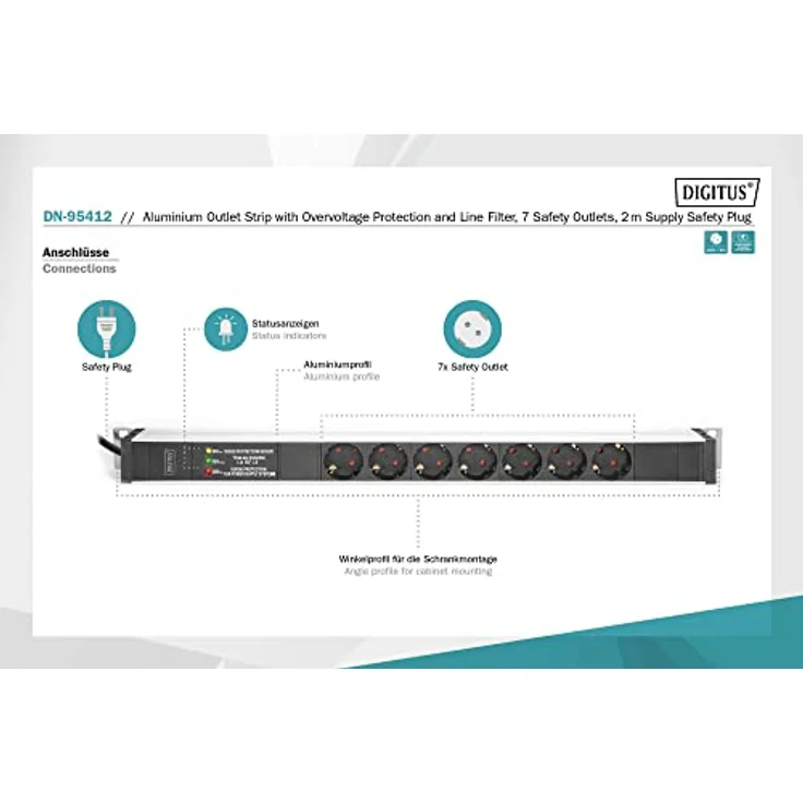 DIGITUS 19'' Steckdosenleiste, 7 Abgriffe, 1HE, 250VAC, 50-60Hz, 16A, 4000W, mit Überspannungsscchutz & Frequenzfilter – Bild 2