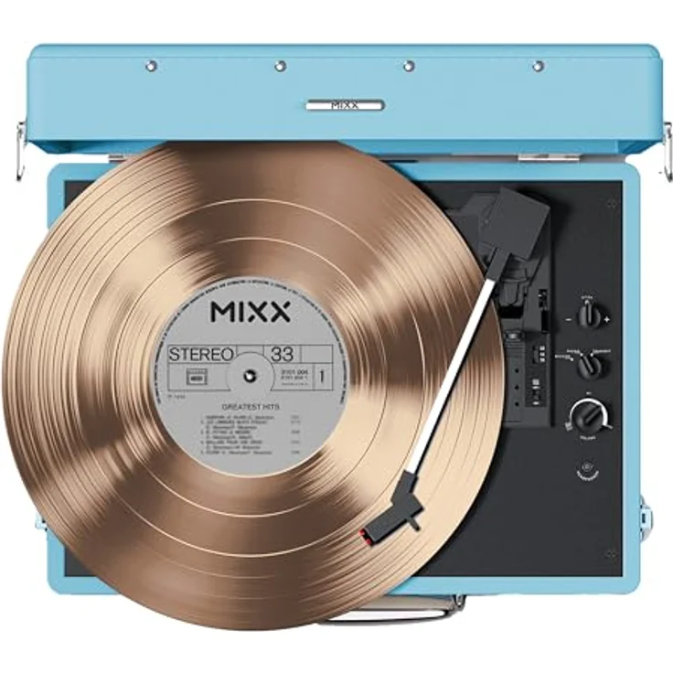 Mixx Revival 55 Stereo-Vinyl-Plattenspieler, Retro Vintage-Design mit Bluetooth-Funktion, integrierten Lautsprechern und 45-RPM-Adapter, hellblau – Bild 2