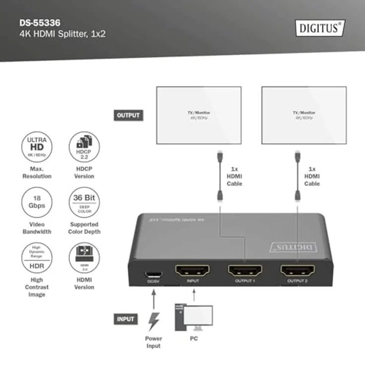 DIGITUS DS-55336 HDMI Splitter 1x2 – UHD 4K/60 Hz, HDR, HDCP 2.2, Deep Color - Schwarz – Bild 3