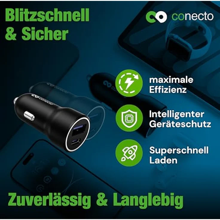 SatChef conecto USB-C KFZ Ladegerät, 12 V, 2 Port, 20W USB-C PD & 18W USB-A, GaN Schnellladegerät, automatische Ladestromerkennung, schwarz – Bild 7