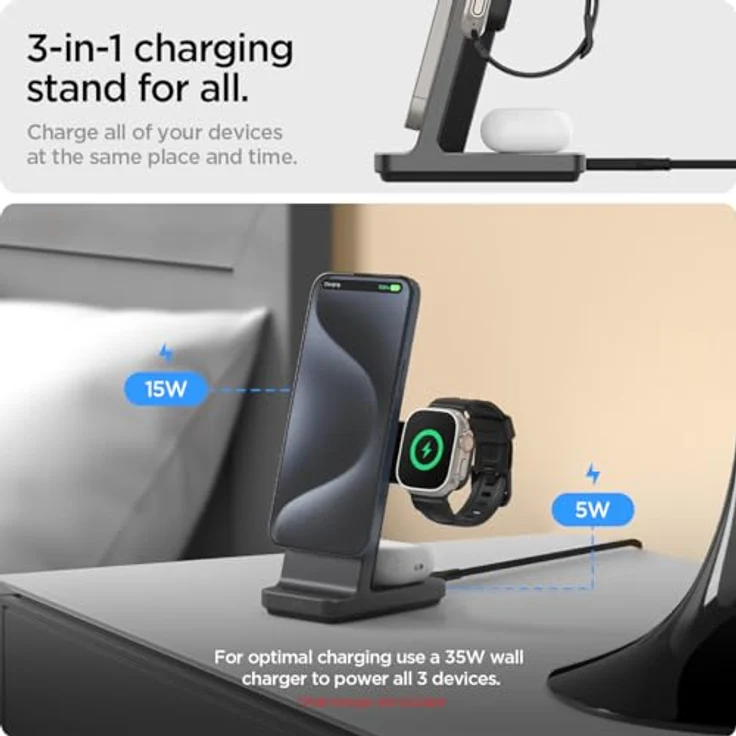 Spigen OneTap Pro 3 MagFit MagSafe Ladestation 3 in 1, 15W Kabelloses Magsafe Stand Ladegerät für iPhone 16/15/14/13/12, Apple Watch 2/3/4/5/6/7/8/9/10/SE/Ultra, AirPods 2 Pro/3/4 – Bild 3