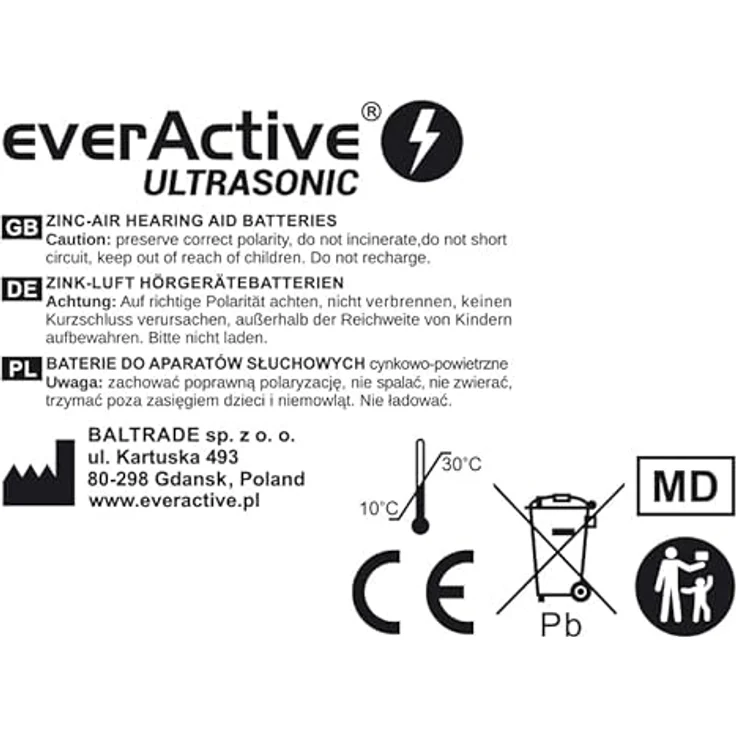 everActive 312, 6 Stück, Hörgerätebatterien, hohe Leistung, Zink-Luft-Batterien, 1 Blisterkarte, 4-jährige Haltbarkeit, braun, Ultrasonic PR41 – Bild 5