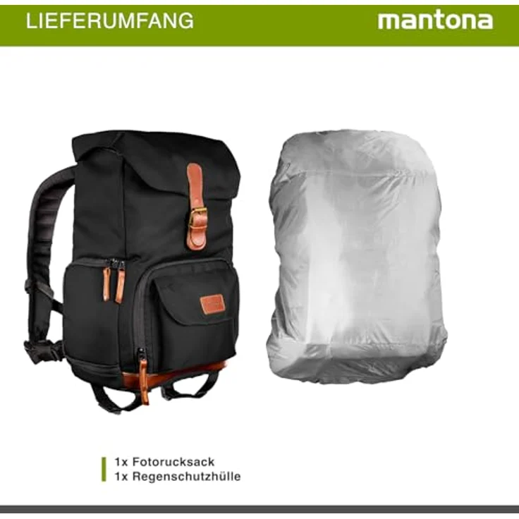 Mantona Luis junior Retro Fotorucksack (mit Echtleder-Applikationen, inkl. Regenschutzhülle, flexible Einteilung und Tablet-Fach für 1x DSLR-Kamera, 1-2 Objektive und diverses Fotozubehör) schwarz – Bild 9