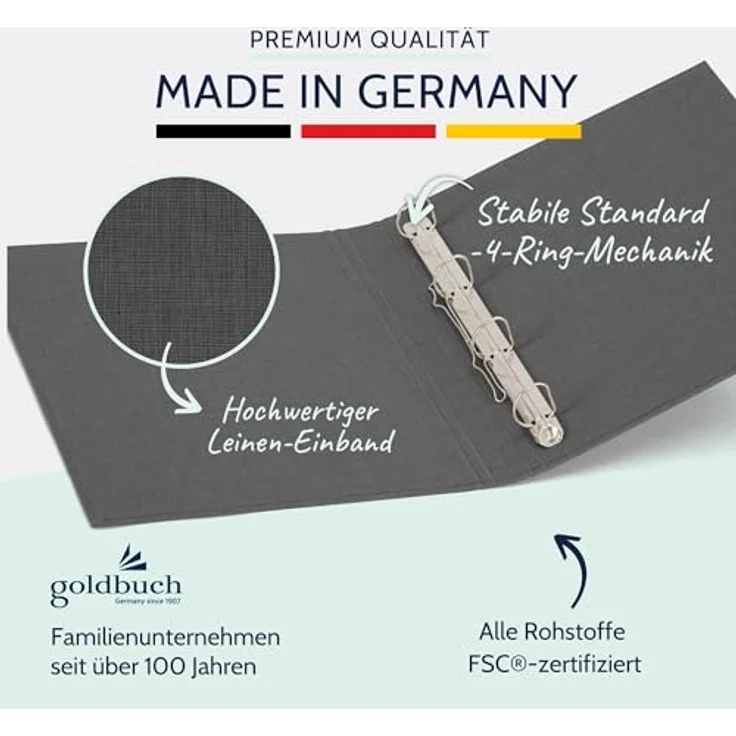 goldbuch Ringbuch A4 Bella Vista, dunkelgrau, aus Leinen mit 4 Ringmechanik und Klemmbügel, hochwertige Qualität Made in Germany – Bild 3