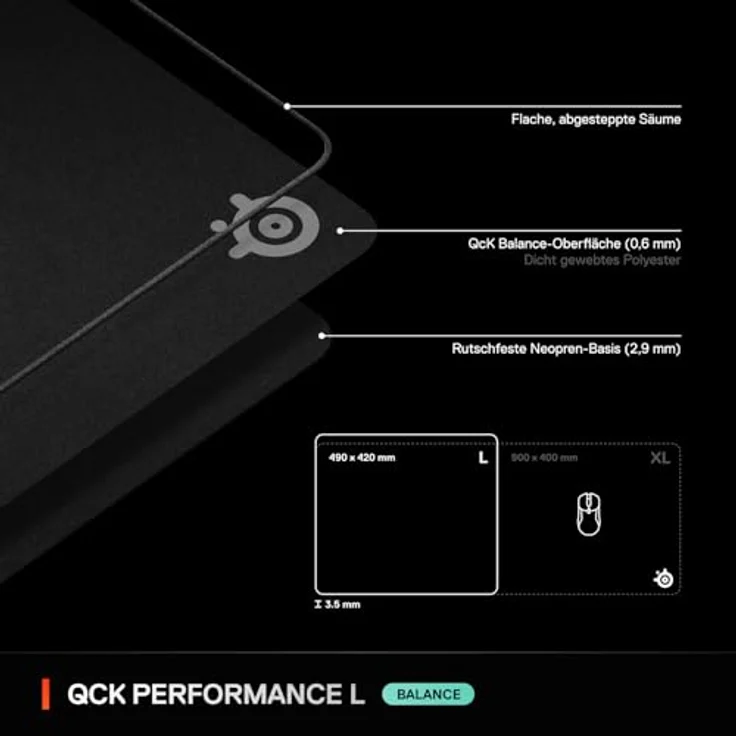 SteelSeries QcK Performance Balance L Mauspad - Gaming-Mauspad, rutschfeste Unterseite, 490 x 420 mm, schwarz – Bild 7