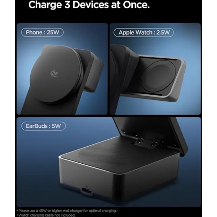 Spigen Essential Qi2.2 25W 3-in-1 MagSafe Ladestation für Apple Watch und iPhone, inkl. USB-C Kabel, induktive Ladestation, kabelloses faltbares Ladegerät für iPhone 17 16 Pro Max 17e – Bild 3
