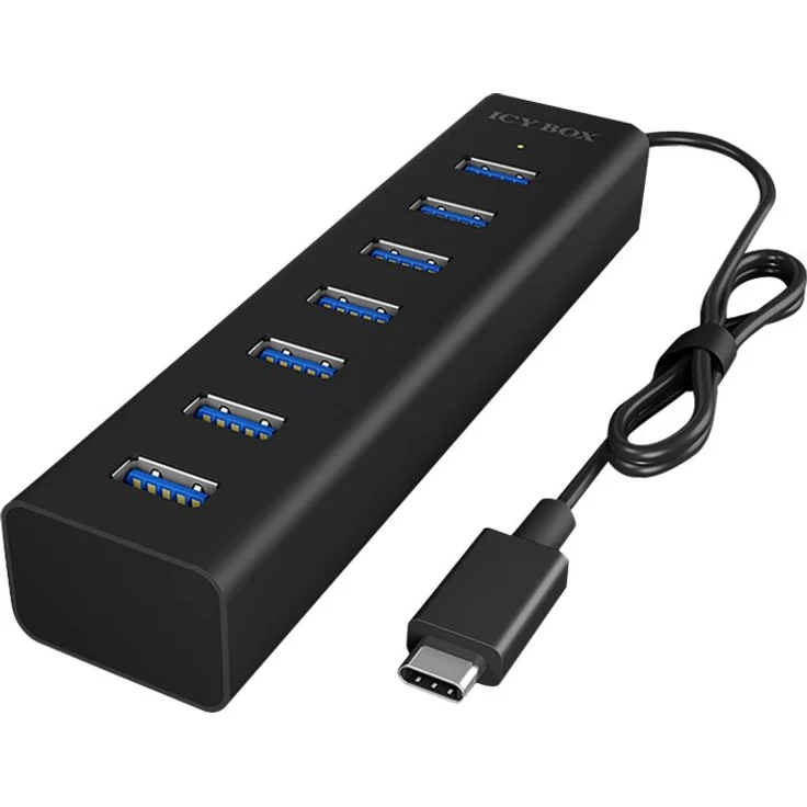 ICY BOX IB-Hub1700-C3 7-fach USB Type-C Hub mit 7x USB 3.0 (Type-A) Anschlüssen und Netzteil, integriertes Kabel, Aluminium, schwarz – Bild 2