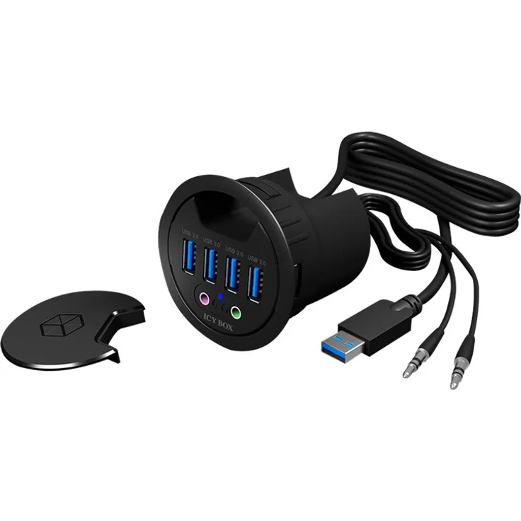 ICY BOX IB-Hub1403A USB-Tisch-Hub (60 mm) zum Einbau, 4x USB 3.0 Anschlüsse, Audio Ein--Ausgang, Kabeldurchführung Schwarz – Bild 2