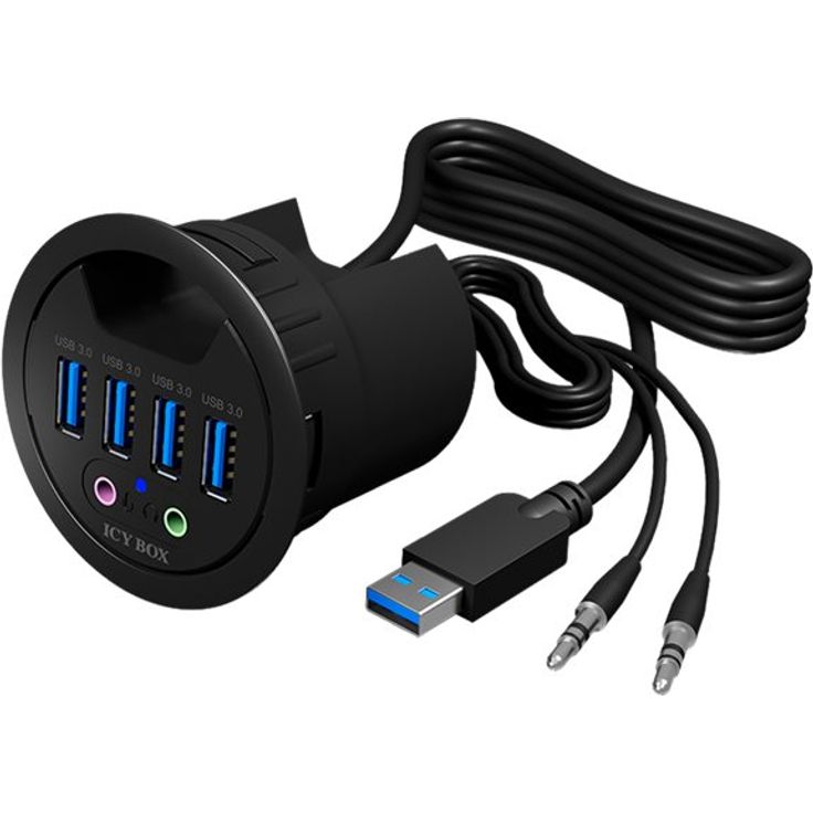ICY BOX IB-Hub1403A USB-Tisch-Hub (60 mm) zum Einbau, 4x USB 3.0 Anschlüsse, Audio Ein--Ausgang, Kabeldurchführung Schwarz – Bild 3
