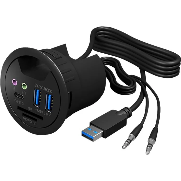 ICY BOX IB-Hub1404A Tisch-Hub (60 mm) zum Einbau, 3x USB 3.0 (2x Type-A, 1x Type-C), Kartenleser (SD-MicroSD), Audio Ein--Ausgang, Kabeldurchführung – Bild 2