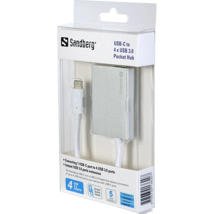 Sandberg 136-20 USB-C auf 4 xUSB 3.0 Pocket Hub Silber – Bild 2