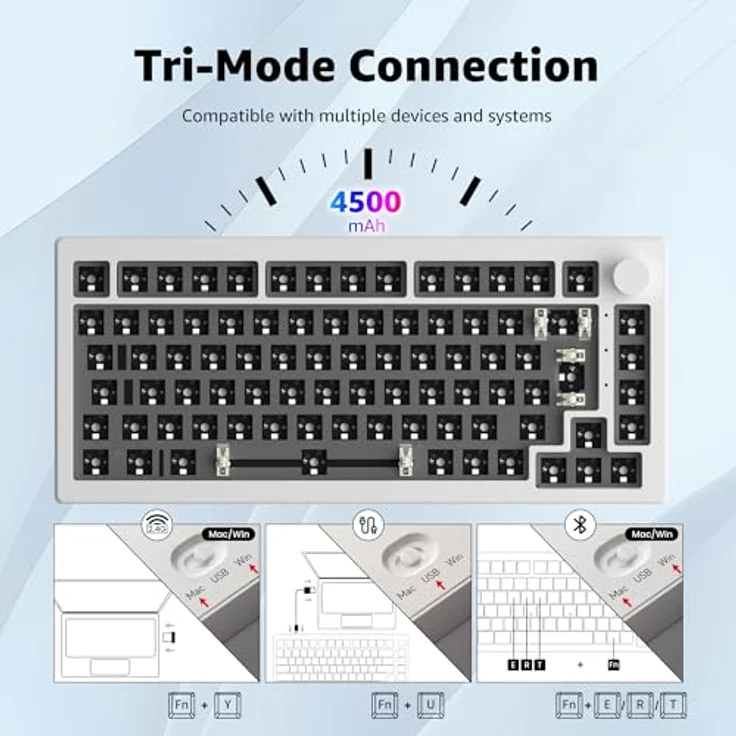 Akko 5075B ISO Barebone-Tastatur-Kit, mechanische Gaming-Tastatur mit 2,4 GHz/Bluetooth 5.0, VIA-programmierbar, Hot-Swap-fähig, 4500-mAh-Akku, RGB-Hintergrundbeleuchtung, Weiß – Bild 4