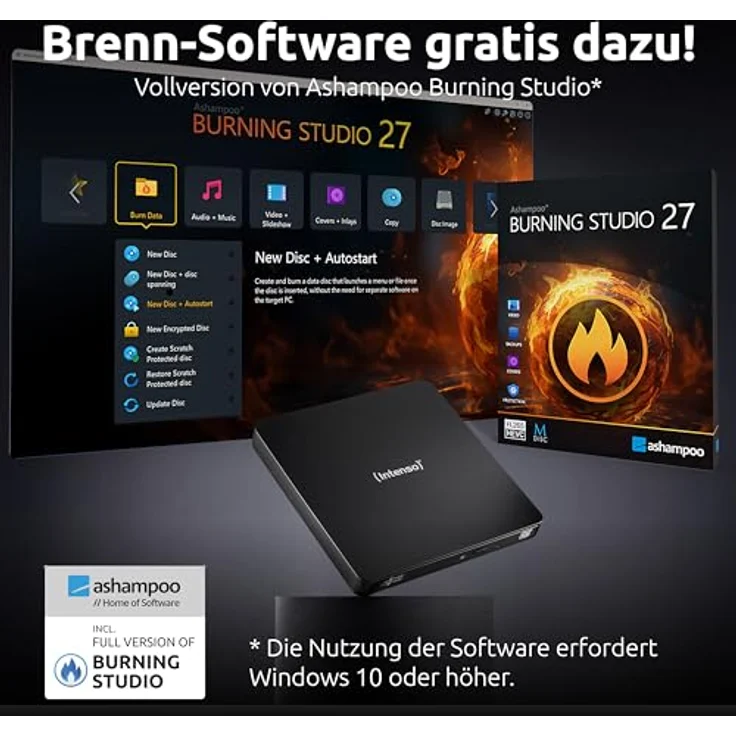 Intenso EOD 400D Slim, externes CD/DVD Laufwerk mit USB 3.2, für Laptop, Desktop PC, iMac, MacBook, Schwarz, inkl. Ashampoo Burning Studio – Bild 5