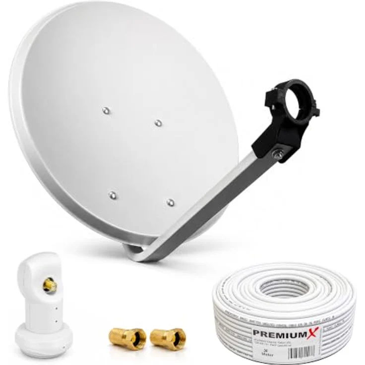 PremiumX Camping Sat Anlage 60cm, Satellitenschüssel mit FullHD Empfänger und Single LNB, hellgrau, inklusive 10m Koaxialkabel mit F-Stecker – Bild 1